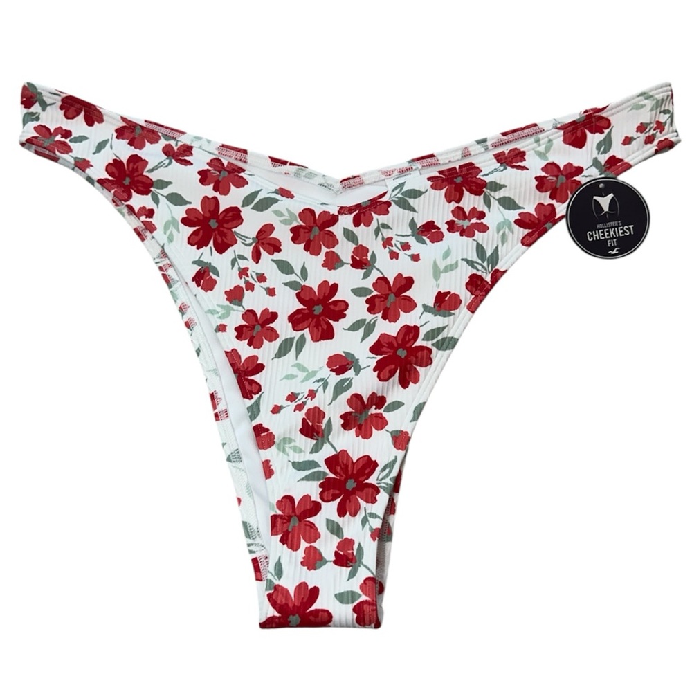 Hollister Swim Bikini Bottom Size XL NWT Cheekiest Fit White Floral Red